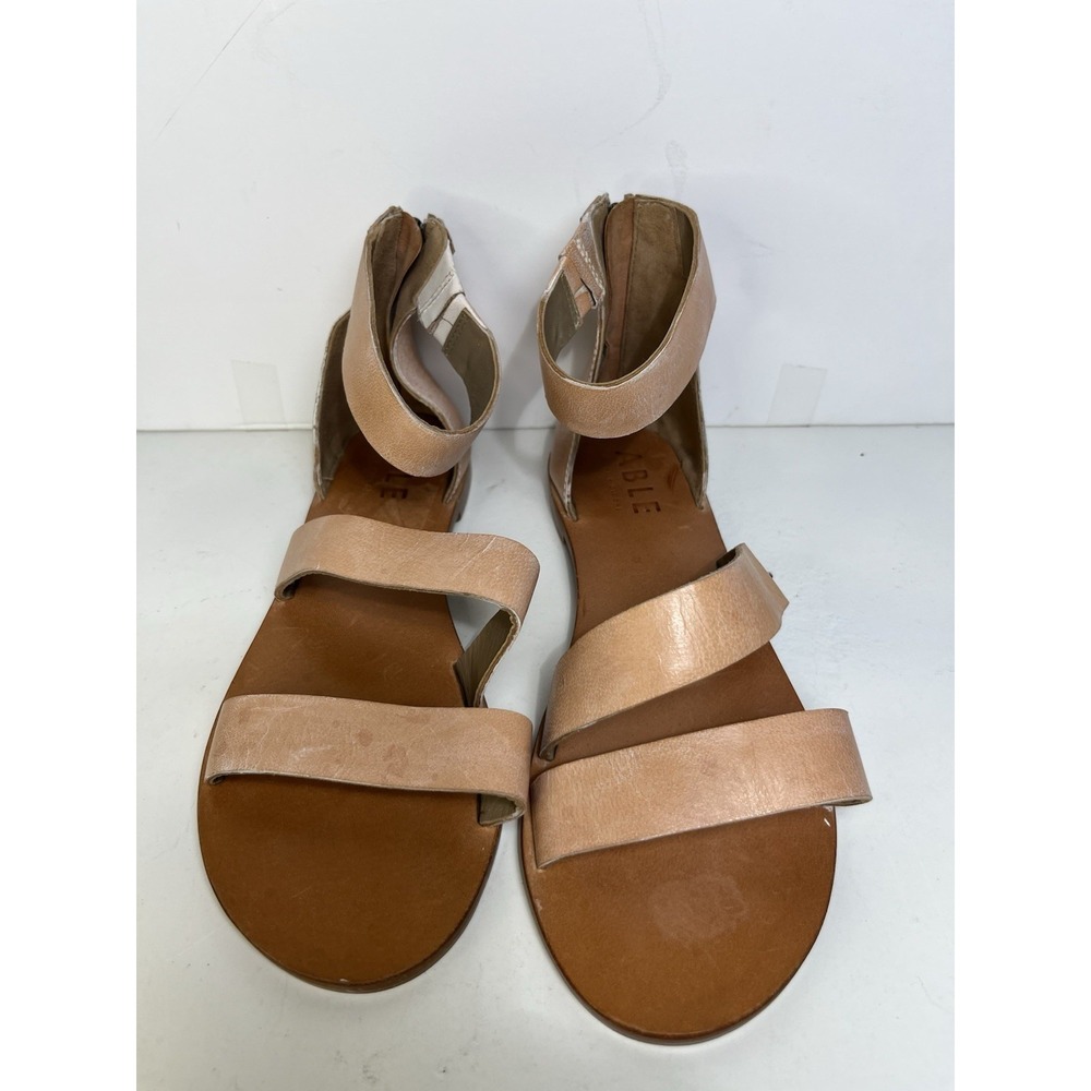 ABLE Tan Leather Strappy Flat Sandals Size 6 Women Ankle Zip Boho Open Toe Shoes